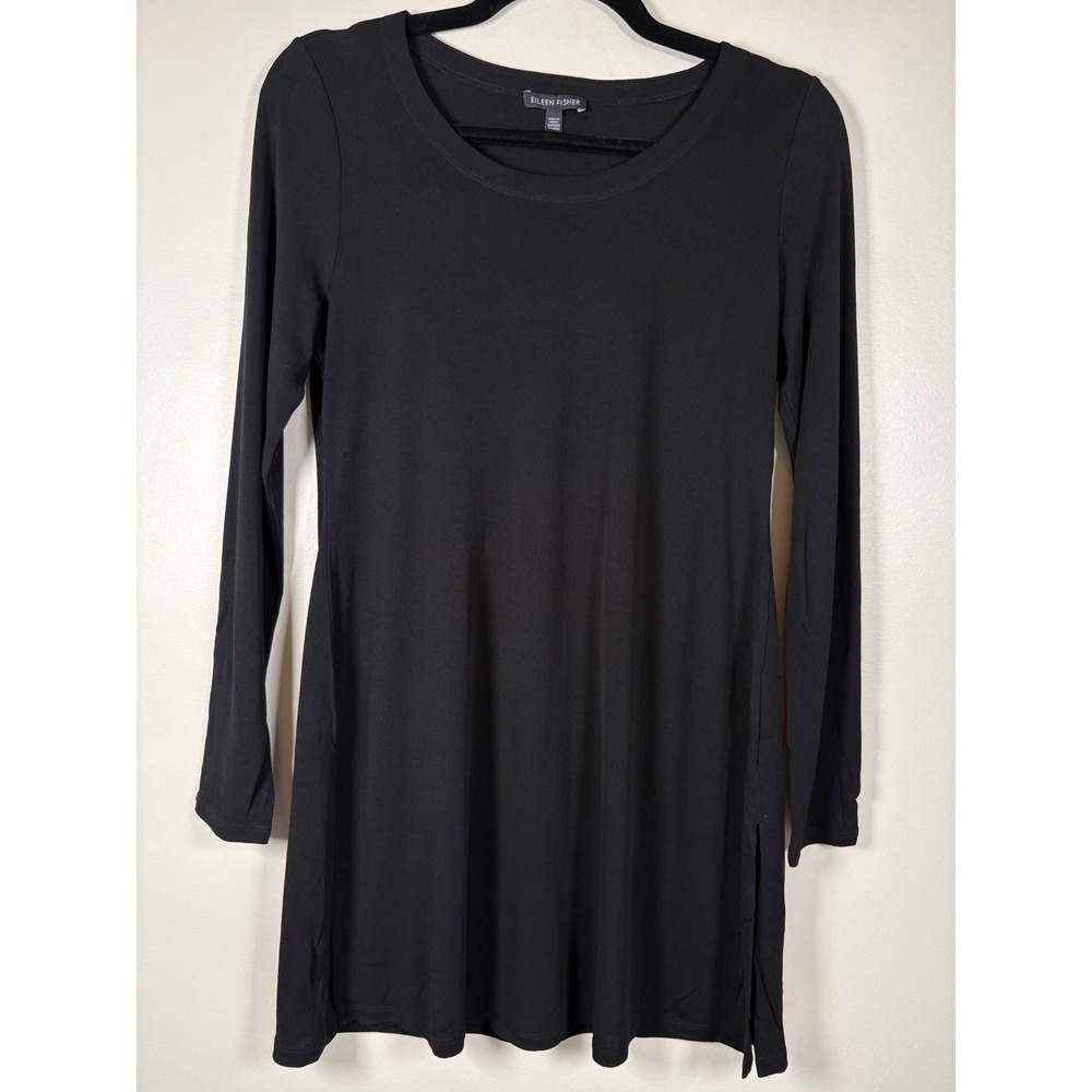 Eileen Fisher Womens Black Jersey Scoop Neck Long Sleeve Side Slit Tunic Top S